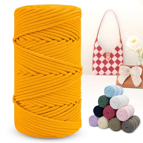 LEREATI Polyester Macrame Cord 4mm x 164 Yards Braided Polyester Cord Thick Macrame Rope Yarn Crochet Cord, Polyester Yarn for Crocheting, Bags, Wall Hangers, Rug, DIY Crafts (Golden)