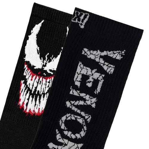 Image of SOCKSXPRESS Marvel Venom Men's Crew Socks | Black | Official licenced Marvel | Special Edition Comfort, Combed Cotton with Reinforced Heel & Arch Support | Sinister Style & Everyday Wear | Pack of 2