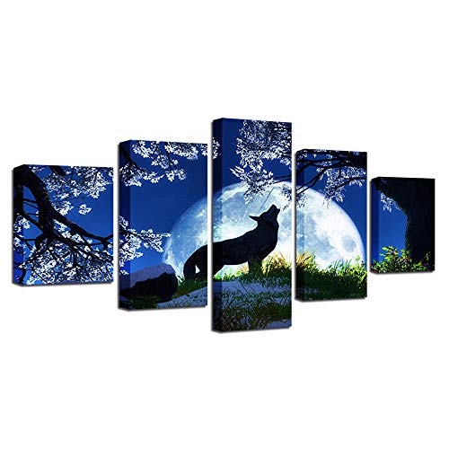 Impression sur toile intissee loup haute definition 5 panneaux art mural salon moderne