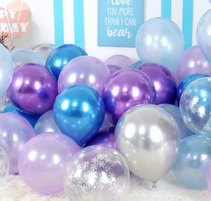 Miniatura 3 de Globo de copo de nieve de invierno, 55 unidades de 12 pulgadas de color azul perla metálico morado y plateado con globos de confeti para hielo