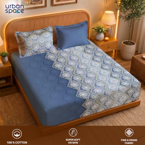 Image of Urban Space Serene 300TC 100% Cotton King Size Bedsheet, Panel Design Super Soft Bed Sheet for King Size Bed, King bedsheet with 2 Pillow Covers (108 inch x 108 inch, Lehriya Blue)