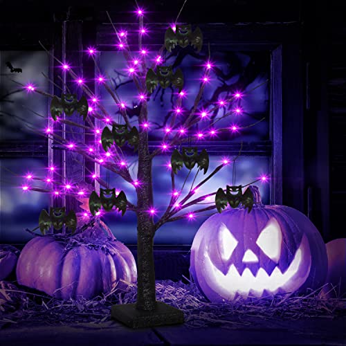 2Ft Black Halloween Spooky Tree With 8 Bats - 48 Purple Led Lights Battery Operated Tabletop Artificial Black Birch Tree With Timer For Indoor, Bedroom, Kitchen, Living Room, Halloween Decoration #TOP6
