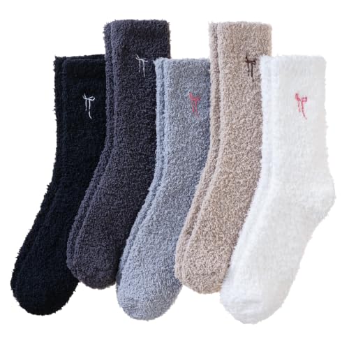 Image of Eocom Fuzzy Socks for Womens Warm Fluffy Winter Cozy Thick Plush Slipper Sleep Comfy Crew Christmas Socks 5 Pairs