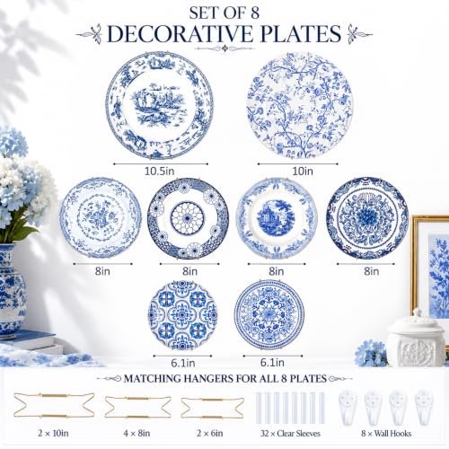 8 Pcs Blue and White Ceramic Wall Plates with Hangers, Classic - Image 3
