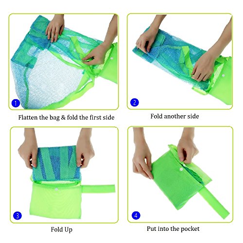 COOLGOEU Strandtasche Strandspielzeug Tasche XXL Groß für Sandspielzeug Wasserspielzeug für Kinder Aufräumsack Spielsack Badetasche Beachbag Faltbar für Familie Urlaub (Blau Mesh/Grün Strap)