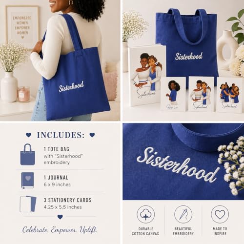 Image of Sisterhood Tote Bag, Journal and Stationery Gift Set, 6x9 inch Lined Journal, 3 Greeting Cards, Embroidered Canvas Tote, Gift Pack for Friends and Sisters (Blue+White)