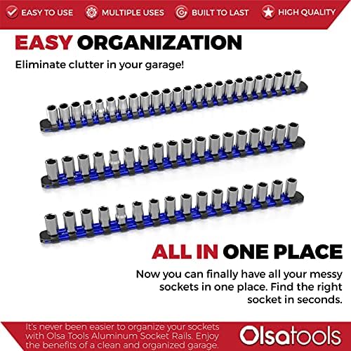 Olsa Tools Drive Aluminum Socket Organizer | Professional Quality Socket Holder | 1/2-Inch, 3/8-Inch & 1/4-Inch (Blue)