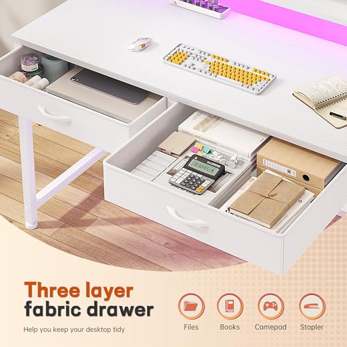 Image of DurayLoly Computer Desk with 2 Drawers & LED Lights,39.4 Inch Home Office Desks with Side Pocket and Monitor Stand,Study Writing Table for Small Spaces,White