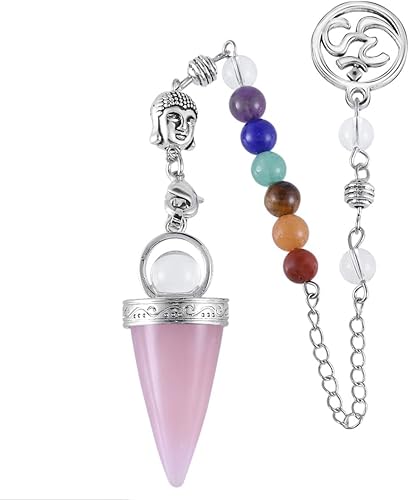 Miniatura 9 de TUMBEELLUWA Péndulo de punta de cristal para adivinación radiestesia, colgante de piedra de cono con 7 cuentas de Buda de chakras para Wicca