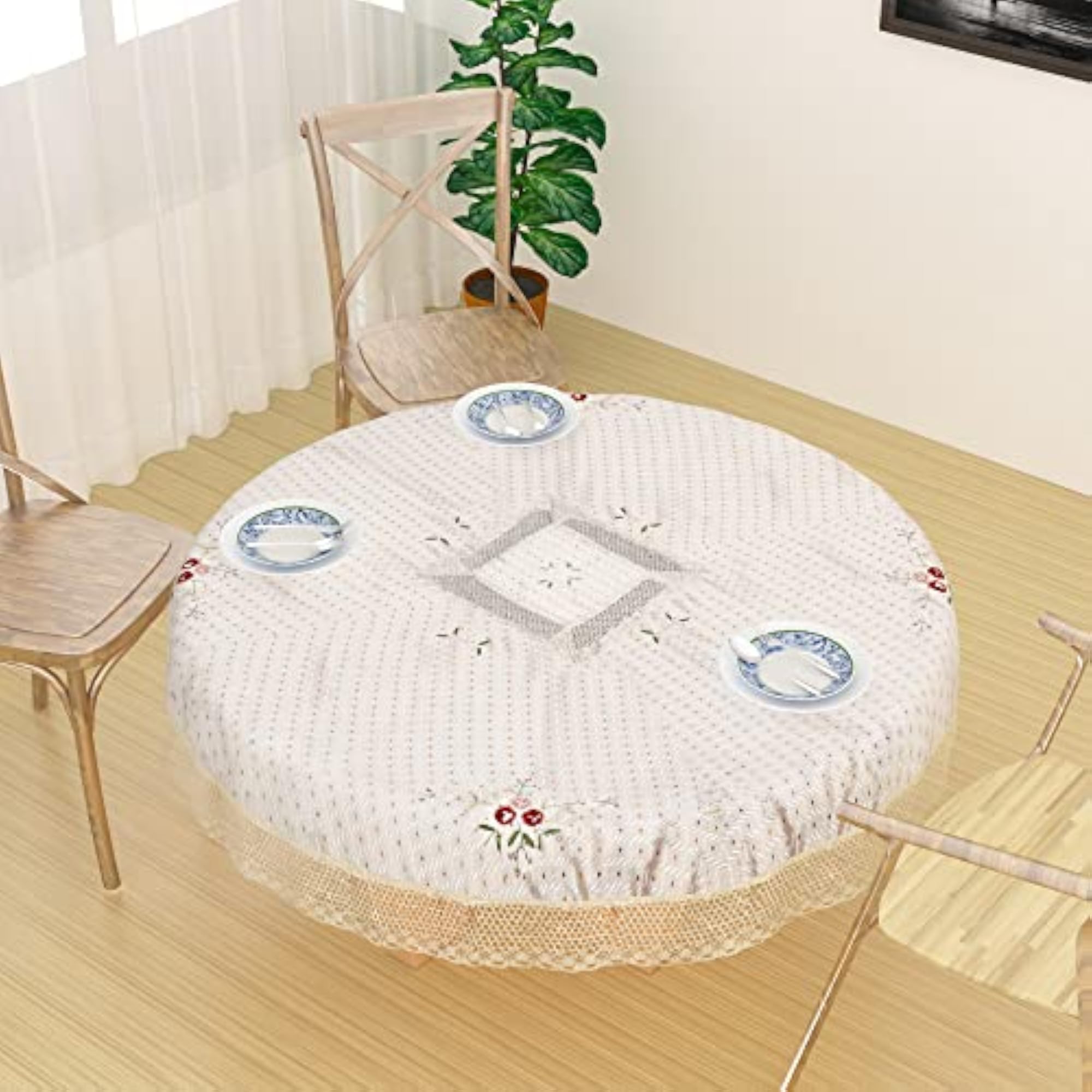 Check Ribbon Jute Round Dining Table Cover 60 Inches