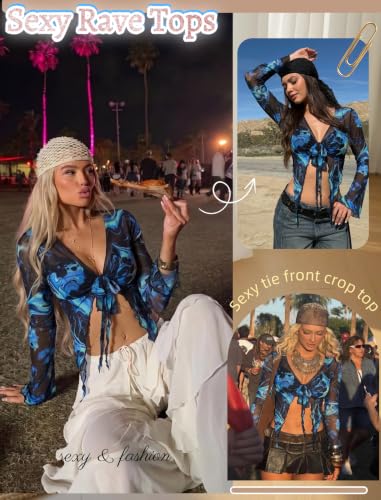 Image of Avidlove Women Mesh Crop Top Y2K Tie Front Tops Rave Top Sheer Cardigan Sexy V Neck Outfits S-2XL