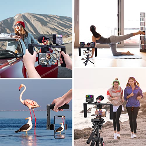 Jusmo Smartphone Video Rig With Foldable Handle, Iphone Video Stabilizer Handheld Kit W Dimmable Led Light For Videomaker/Filmmaking/Videography/Vlogging With 3 Cold Shoe For Most Cellphone #TOP6