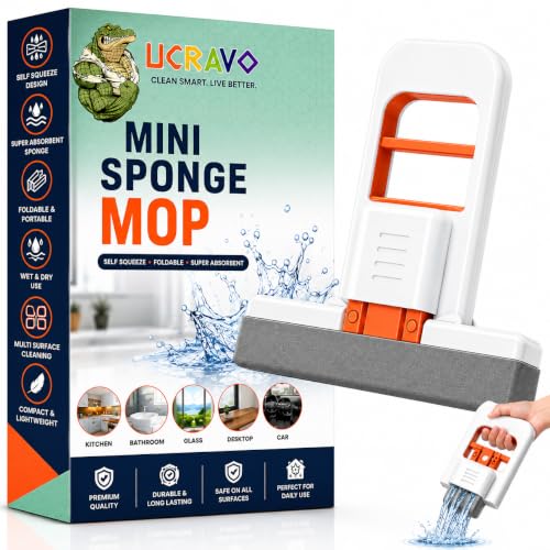 Image of UCRAVO Mini Sponge Mop for Kitchen & Home Cleaning | Self Squeeze Foldable Sponge Mop | Wet & Dry Portable Cleaning for Bathroom, Glass,Car Mirror, Countertop | Mini with Self Wringing Handle