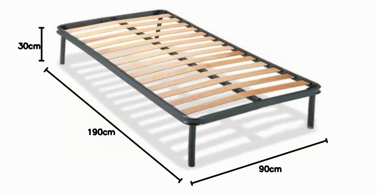 Reti D'Amora Rete Letto Singolo 90x190 con Doghe in Legno E RINFORZO VERTICALE DI SOSTEGNO - Ortopedica, con 4 Piedi Smontabili - Struttura portante in Ferro Rinforzata