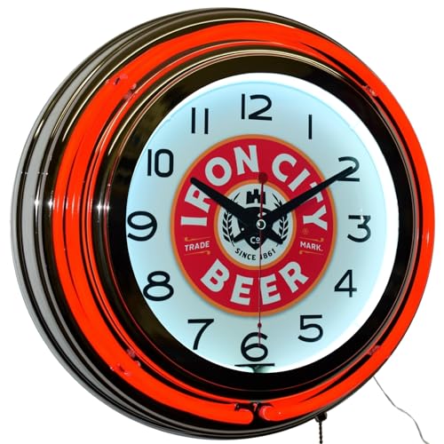 15 Iron City The Beer Drinker's Beer Double Neon Clock Man Cave Decor (Red)