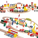 ORBRIUM Wooden Train Set 100 pcs Triple Loop Magnetic Trains with Wooden Tracks Compatible with Thomas The Tank Engine Brio Melissa Gift for Toddler Kids Boys Girls Age 3+ STEM Montessori Toys City