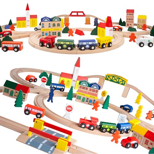 ORBRIUM Wooden Train Set 100 pcs Triple Loop Magnetic Trains with Wooden Tracks Compatible with Thomas The Tank Engine Brio Melissa Gift for Toddler Kids Boys Girls Age 3+ STEM Montessori Toys City