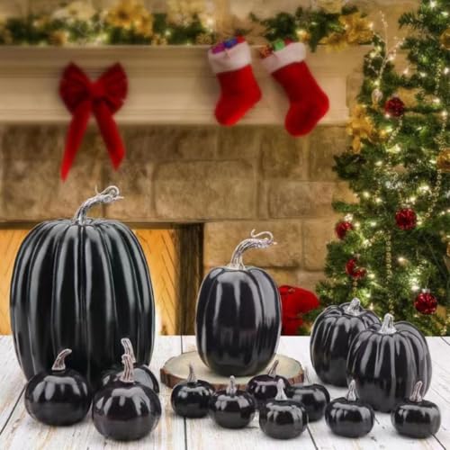 Calabazas de espuma negras decorativas para Acción de Gracias | Set de 14 piezas para mesas de otoño 3