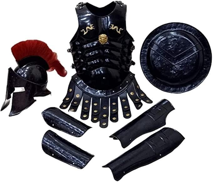 THOR INSTRUMENTS Conjunto de chaqueta medieval de armadura muscular con casco espartano de 300 espartanos, armadura de pluma roja, disfraz de