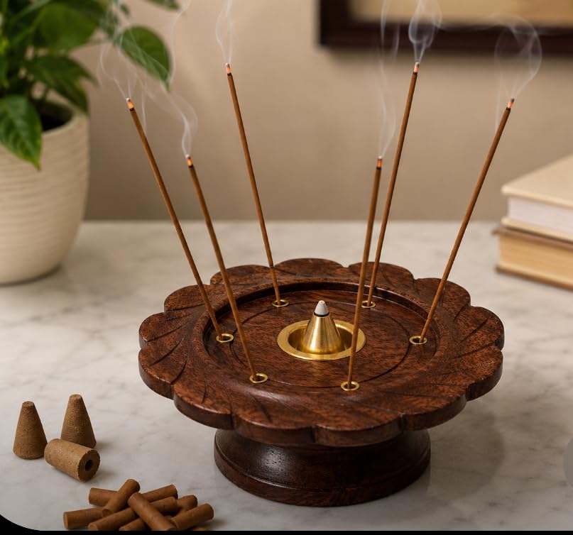Premium Wooden Incense Holder with Brass Cone Burner, 6 Stick Hol...