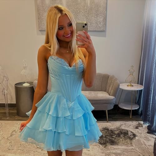 Strapless Tiered Short Homecoming Dresses for Teens Ruffle Chiffon Formal Mini Prom Dress2