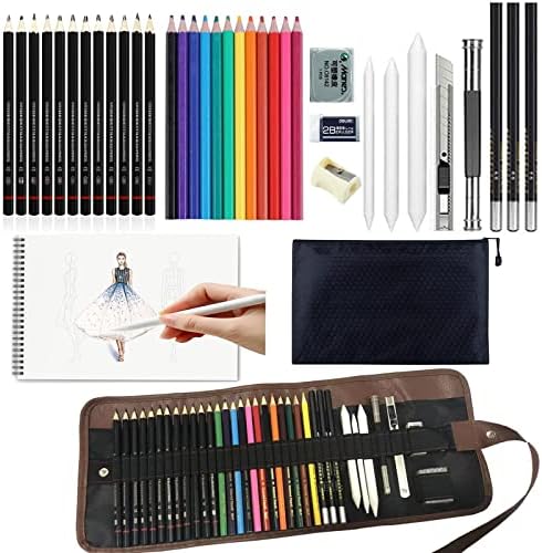 Sketch Pencil Set, 38pcs Art Supplies with Sketching Drawing Pencils, Oil Colored Pencils, Charcoal Pencils,Sketch Book,Canvas Pencil Wrap  for Artists Adults Kids Beginners