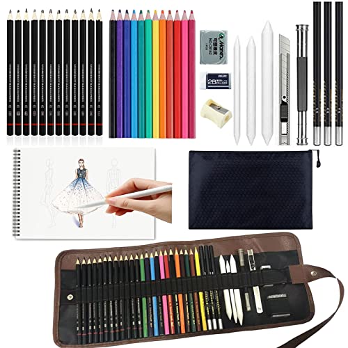 Sketch Pencil Set, 38Pcs Art Supplies With Sketching Drawing Pencils, Oil Colored Pencils, Charcoal Pencils,Sketch Book,Canvas Pencil Wrap  For Artists Adults Kids Beginners #TOP24