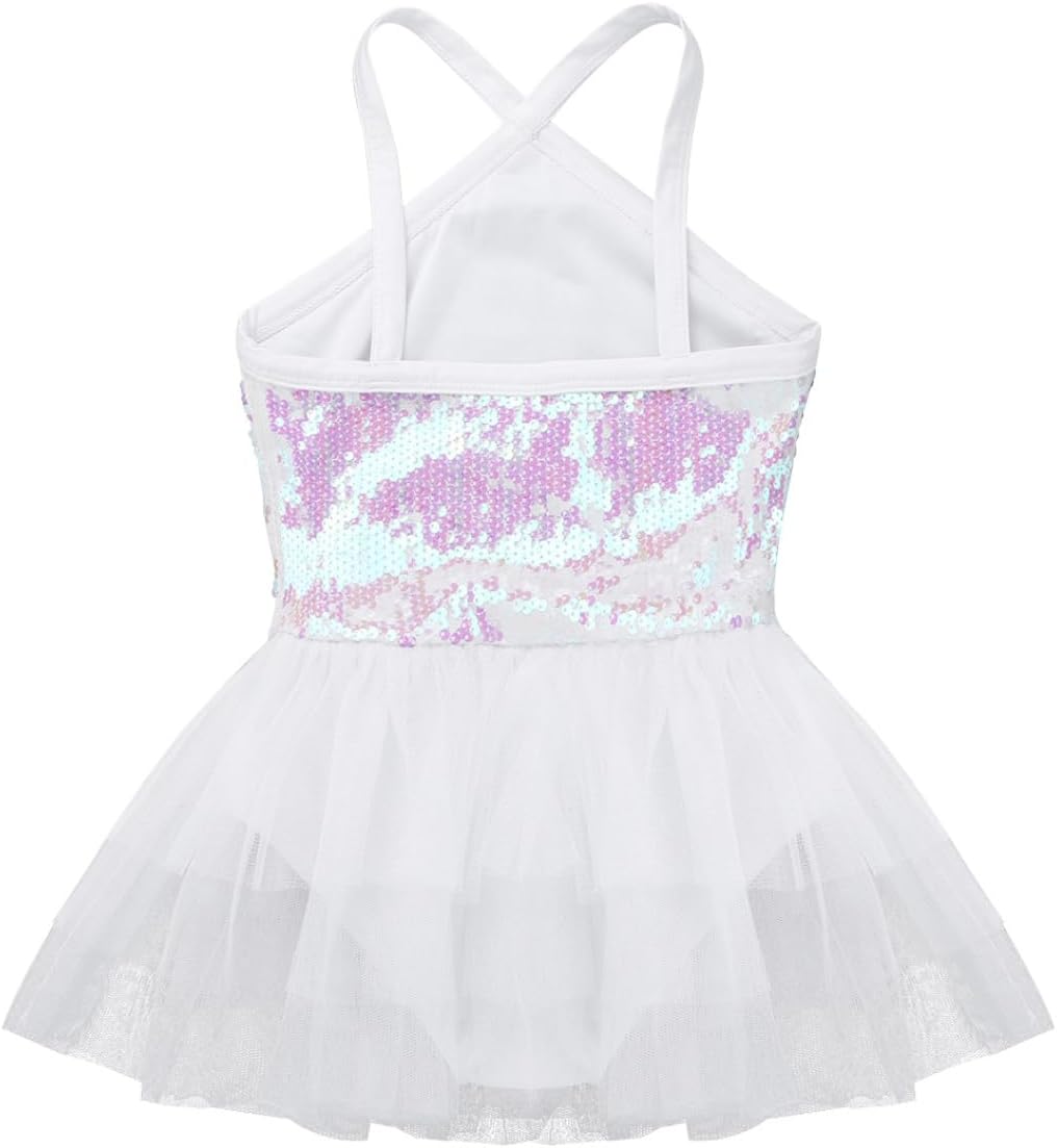 inlzdz Kids Girls Shiny Sequins One Shoulder/Spaghetti Shoulder Straps Ballet Dance Gymnastics Leotard Tutu Dress