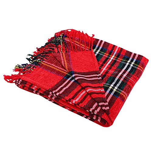 Judybridal Plaid Chenille Throw Blanket, Extra Soft Cozy Knitted Decorative Blanket, All-Season Dual-Sided Home Decor Blanket With 3 Inches Tassel For Bed Sofa Couch Chair 50" W X 67" L（Red） #TOP1
