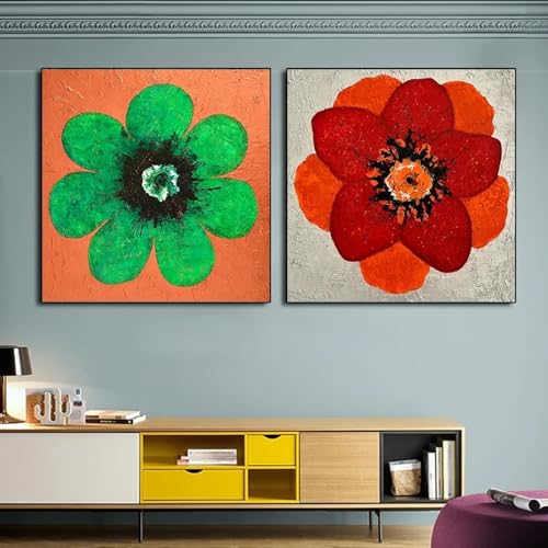 Art mural floral abstrait et affiches de fleurs rouges et vertes sur toile 70x70cm salon
