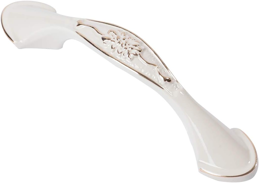 Solid Ivory Cabinet Hardware Handle Pull Gold Flower Dresser Wardrobe Pull - 2.52" (64mm) Hole Centers, 10 Pack, Gold and Ivory