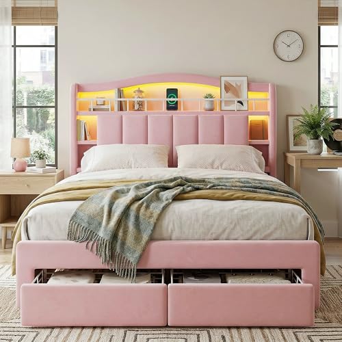 Image of Pink Full Size LED Bed Frame with Storage Headboard, Upholstered Velvet Wood Princess Bed for Girls with 5 Charging Ports (USB-C & AC), Hidden Compartment, Sturdy Aluminum Frame & 2 Silent Drawers