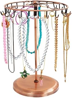 BELLE VOUS Copper Metal Rotating Jewellery Holder Display Stand (23 Hooks) - H34.8 x W20.5cm / 13.70 x 8.07 Inches - Hanging Organiser Tower Rack - Storage for Necklaces & Bracelets, Rings & Earrings
