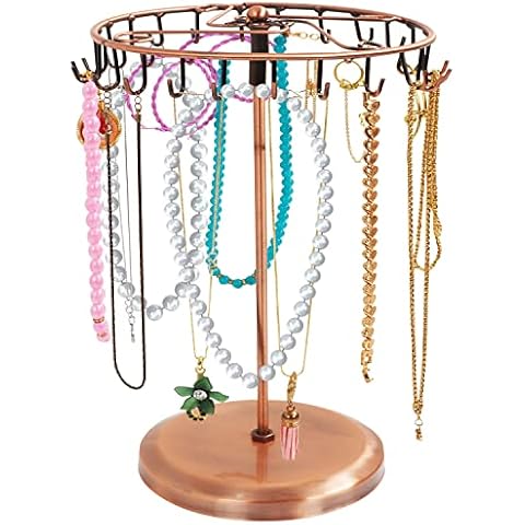 BELLE VOUS 14" Copper Metal Rotating Jewelery Holder Display Stand (23 Hooks) - Hanging Organiser Tower Rack - Storage for Necklaces & Bracelets, Rings & Earrings Cover
