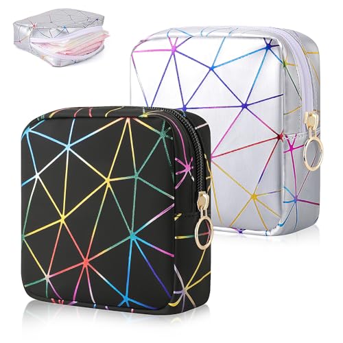 Image of Sanitary Napkin Storage Bag, Menstrual Cup Pouch Nursing Pad Holder Tampon Bags Feminine Product Pouches Portable Period Kit Bag for Girls Women Ladies 2 Pack (Dazzling Black /Silver)