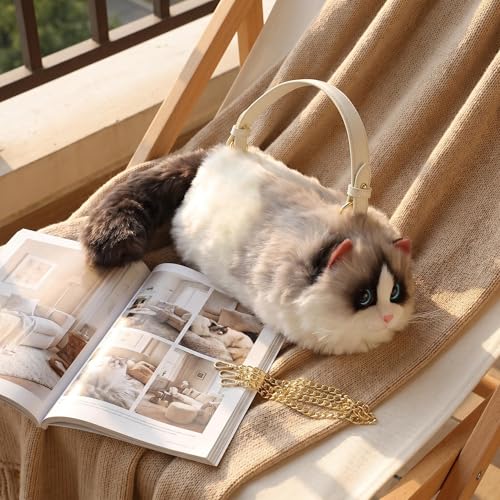 Image of Realistic Puffy Plush Cat Shaped Crossbody Handbag for Women