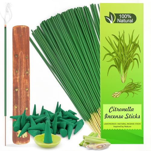 Citronella Räucherstäbchen & Räucherkegel Set für Sommer 120 Stäbe + 30 Kegel mit Halter Natürlicher Zitronengras-Duft für Garten Terrasse & Camping Alternative zu Citronella Kerzen für draußen