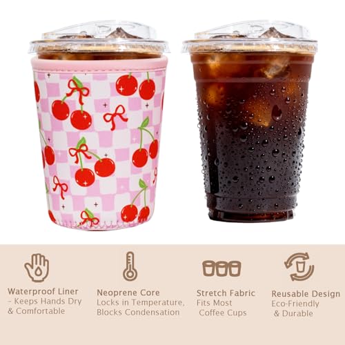 Image of Reusable Insulated Sleeve for Iced Coffee Cup, Coffee Neoprene Sleeve for Cold & Hot Drinks, Beverage Holder for Iced Coffee (Cherry Gleam, Medium: 22-24oz)