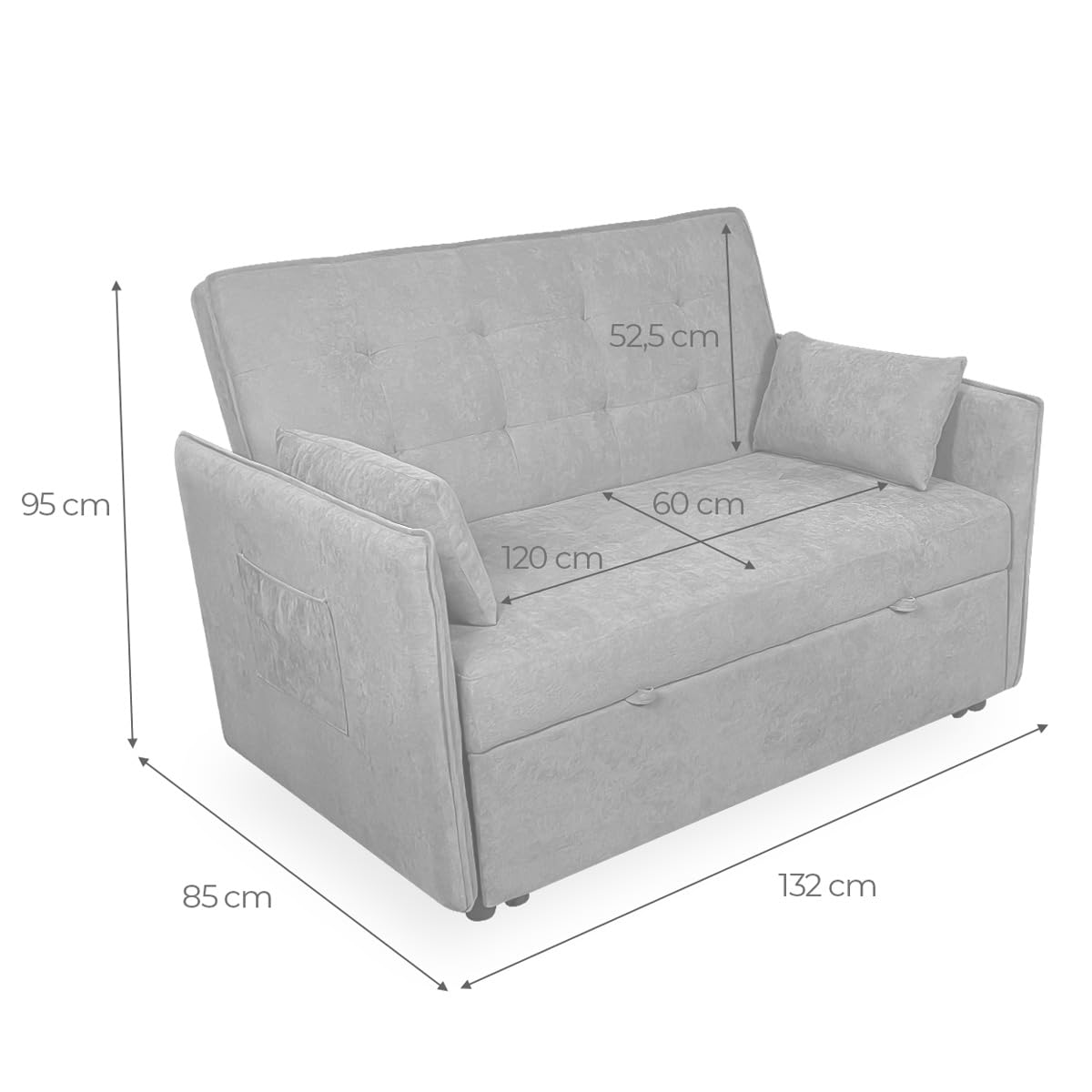 Duérmete Online - Sofá Cama de 2 Plazas Modelo Nely, Diseño Moderno, Práctico y Funcional, con Cojines Decorativos, Fácil Apertura, Gris