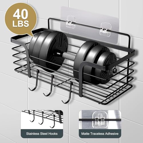 Image of Boniry Adhesive Shower Organizer with 3 Hooks /No Drilling Wall Mounted Rustproof Stainless Steel Shower Shelf /SUS 304 Stainless Steel Organization for Bathroom Rack (35L X 12W X 12H CM, Black)