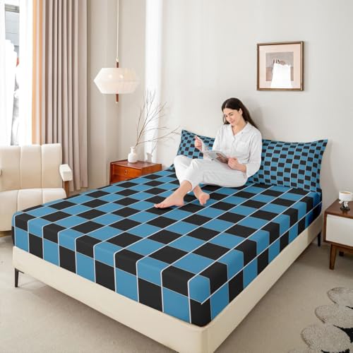 Image of Erosebridal Plaid Bedding Set Queen Navy Blue Black Checkerboard Bed Sheets Geometric Checkered Sheet Set Kids Boys Girls,Aesthetic Grids Fitted Top Sheets 4 Piece