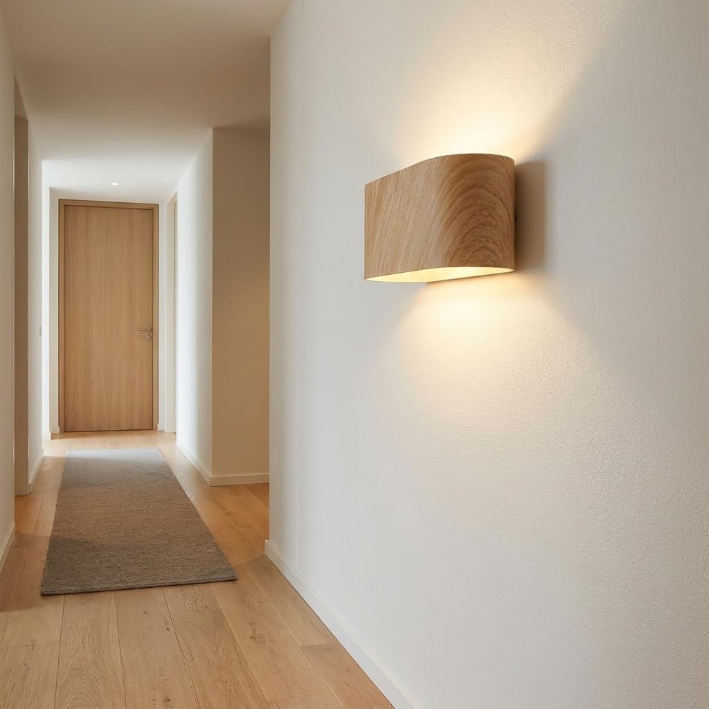 Alpinaluz Applique Murale Up & Down avec Douille G9, Design Courbé en Métal, Éclairage Décoratif Intérieur pour Couloir, Salon et Chambre, IP20 (Effet bois)