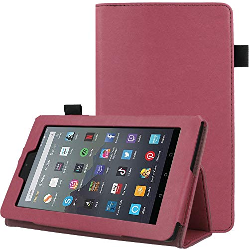 TECHGEAR Case Designed For All New Amazon Fire 7" (9th Generation / 2019 Release) PU Leather Slim Folio Stand Case Cover with Hand Strap [Plum] with Auto Wake/Sleep