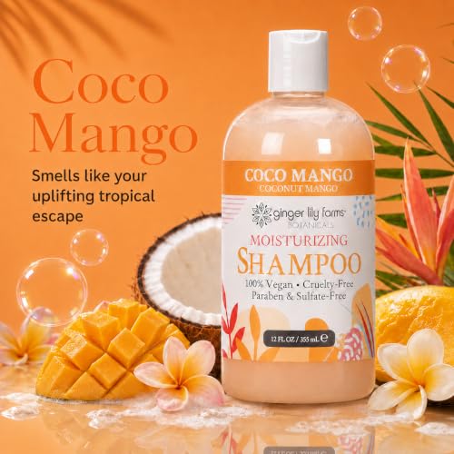 Image of Ginger Lily Farms Botanicals Shampoo, 12oz, Coco Mango | 100% Vegan & Cruelty-Free | Moisturizing Shampoo for All Hair Types