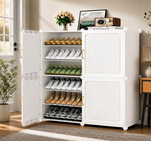 Image of Mevigo 12-Tier Shoe Rack with 4-Doors|Holds 24-Pairs |Waterproof & Dustproof Modular Plastic Shoe Cabinet|Foldable Stackable Shoe Organizer with MetalFrame |Space Saving Storage-(White-HV2-6
