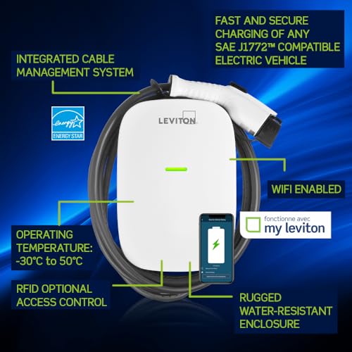 Image of Leviton Level 2 Smart EV Charger with Wi-Fi, 48 Amp, 208 /240 VAC, 11.6 kW Output, 18' Cable, Indoor /Outdoor Hardwired EV Charging Station, My Leviton Compatibility, EV48W EVSE, White-Black