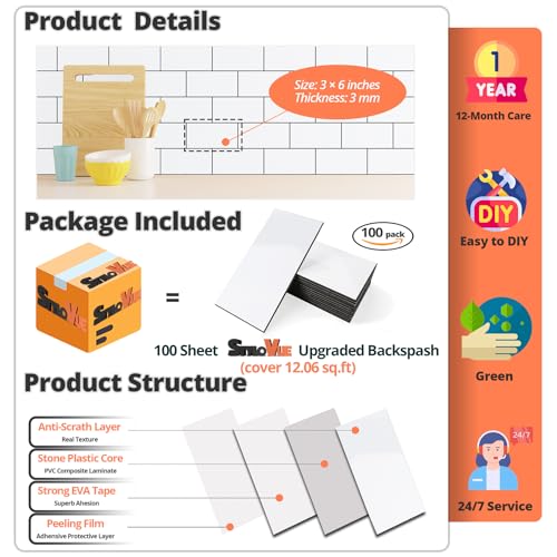 100 Pieces Peel and Stick Backsplash for Kitchen, 3" x 6" PVC Subway Tile 2025 Upgraded Glossy White with Dark Gray Grout Backsplash Stick on Tile Elevate Kitchen, Bathroom, Fireplace,RV - Image 5