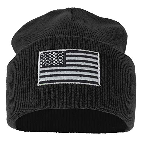 Armycrew Made In Usa Grey American Flag Embroidered Knit Cuff Long Beanie - Black #TOP1