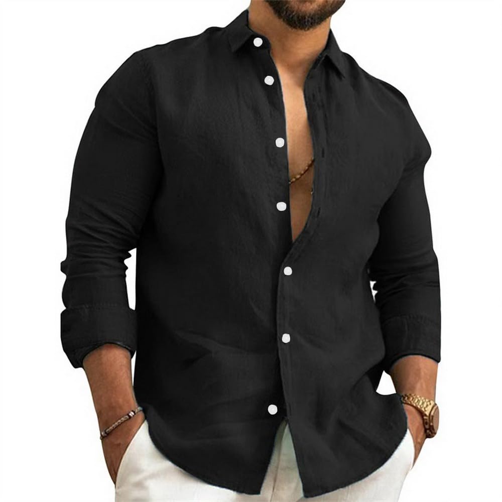 NIBESSER Camisa Lino Hombre Manga Larga Camisa Verano Hombre Elegante Camisa Slim Fit Hombre Casual con Botónes Camisas con Cuello Clásico Transpirable para Vacaciones Mar Playa