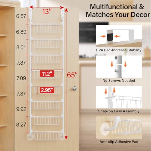 Image of Delamu Narrow Over The Door Pantry Organizer, 8-Tier Metal Pantry Door Organization and Storage for Easy Install, Hanging Spice Rack Shelves, Door Organizer for Kitchen, 4.65 inchD x 13 inchW x 65 inchH, White